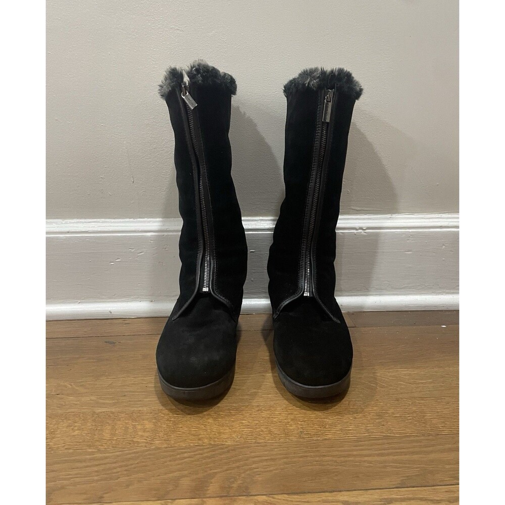 Aquatalia Black Suede Front Zipper Faux Fur Boots Women's Size 7 Cozy Winter - Picture 2 of 7